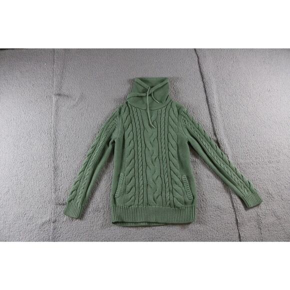 LL Bean Sweater Womens S Green Cotton Double L Mixed Cable Funnel Neck Pull Over - Picture 1 of 7
